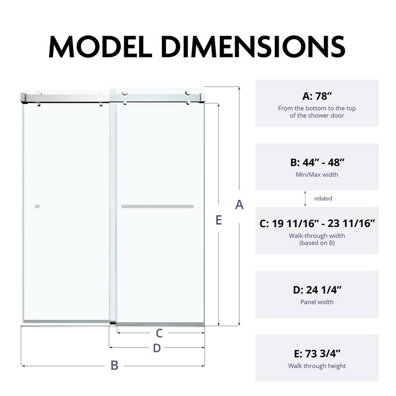 Glassic 44" - 48" W X 78" H Soft Closing Frameless Double Sliding Shower Doors with 3/8" Clear Tempered Glass