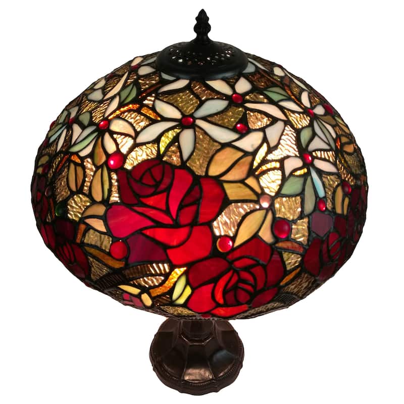 Tiffany Style Table Lamp 24" Tall Stained Glass Floral Roses Decor Nightstand Bedroom Office Handmade Amora Lighting
