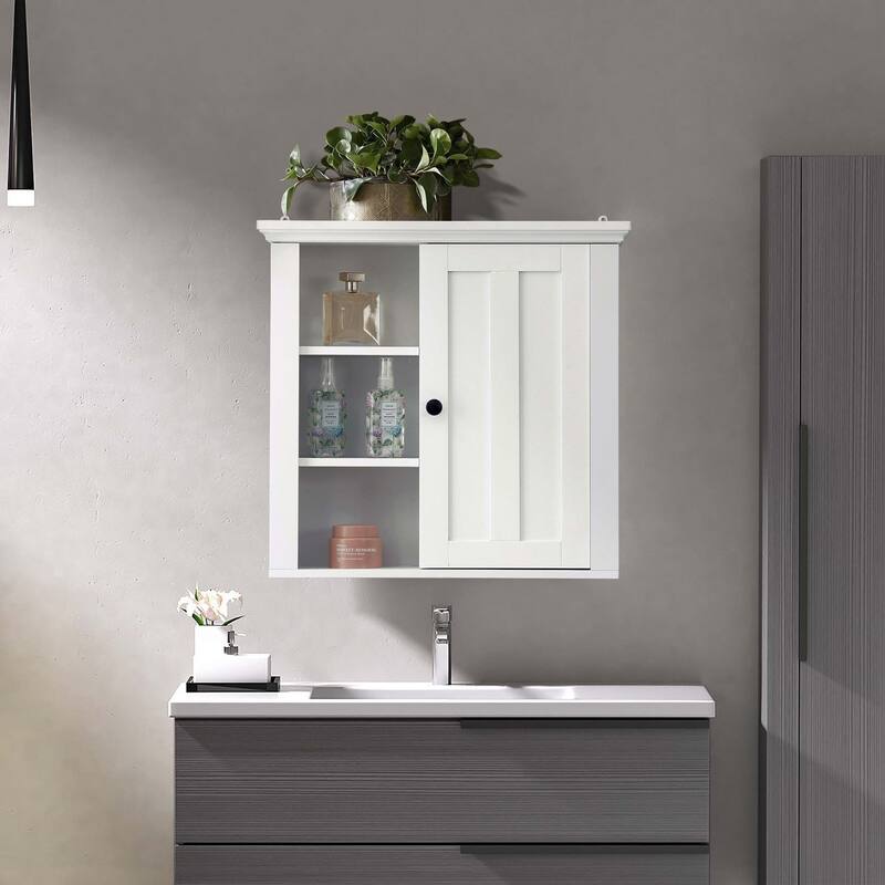 White MDF Wood Bathroom 1-Door Wall Storage Cabinet - 19.96" H x 20.87" W x 5.71" D