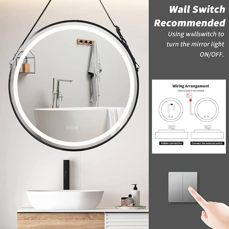 Black Metal Frame Round Mirror with LED Lights Bathroom