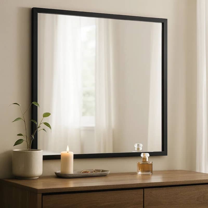 Jenny Square Dresser Mirror, Polished Chrome Trim, Black Wood-Melamine - Black, Chrome