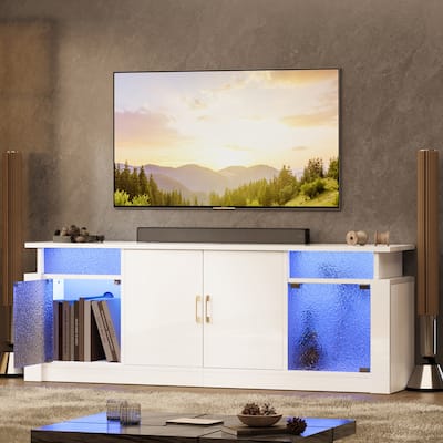 Bestier 63 in. Glossy Stone Grain TV Stand Fits TV Up to 32 to 70 in. Entertainment Center with Cabinet LED Light