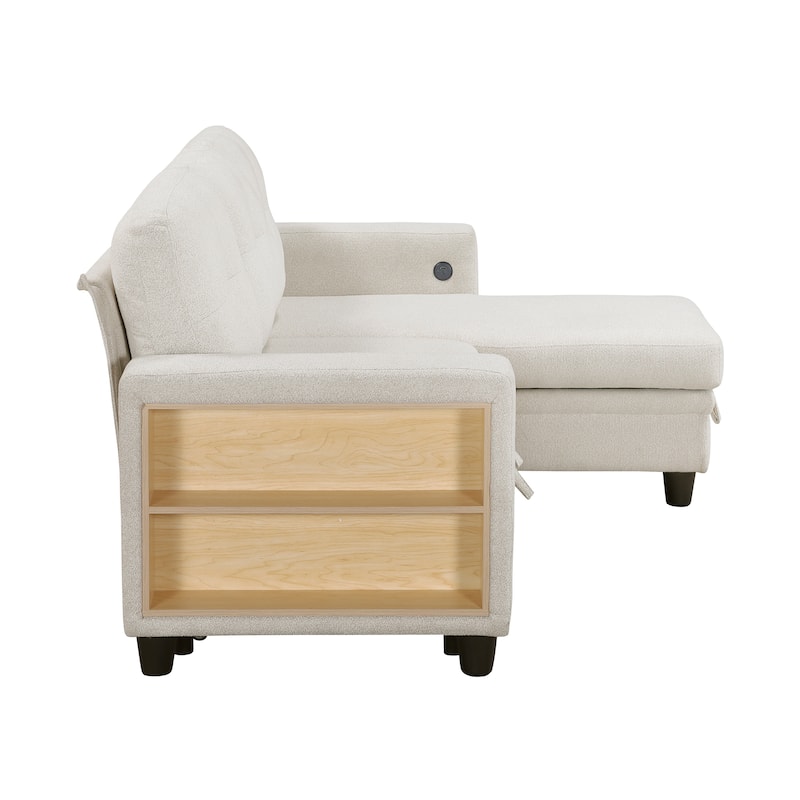 Hazel Boucle Sectional Sofa - Reversible Chaise, Pull-out Bed, Shelves