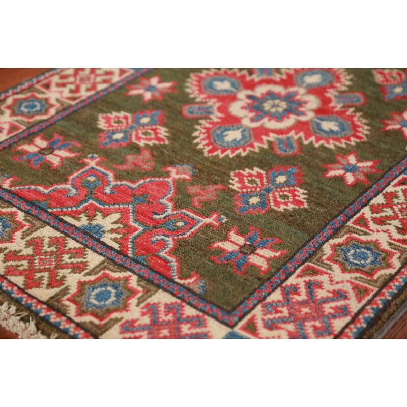 Geometric Green Kazak Oriental Foyer Rug Handmade Wool Carpet - 2'0"x 3'0"