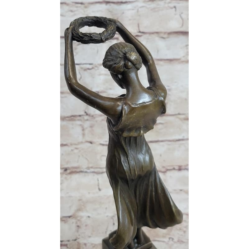 Greek Roman Art Sculpture Woman Holding Up Laurels Wreath Crown Bronze Figure Statue