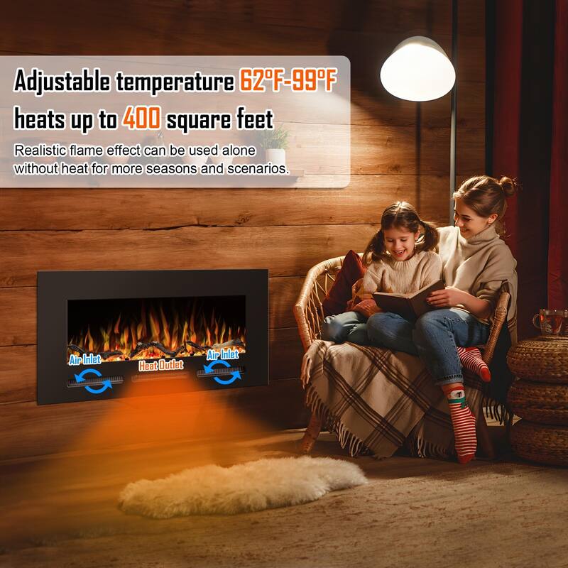 42" Electric Fireplace Insert Recessed and Wall Mounted with 13 Color Flames, Thermostat