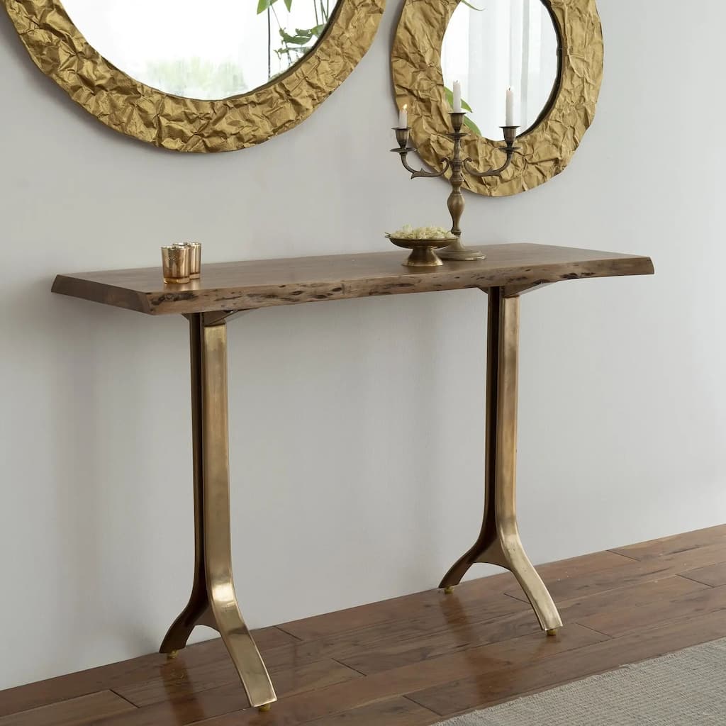 45.2 inch Solid Wood Console Table Natural Finish Gold Metal Accent Minimalist Design Entryway Hallway Living Room
