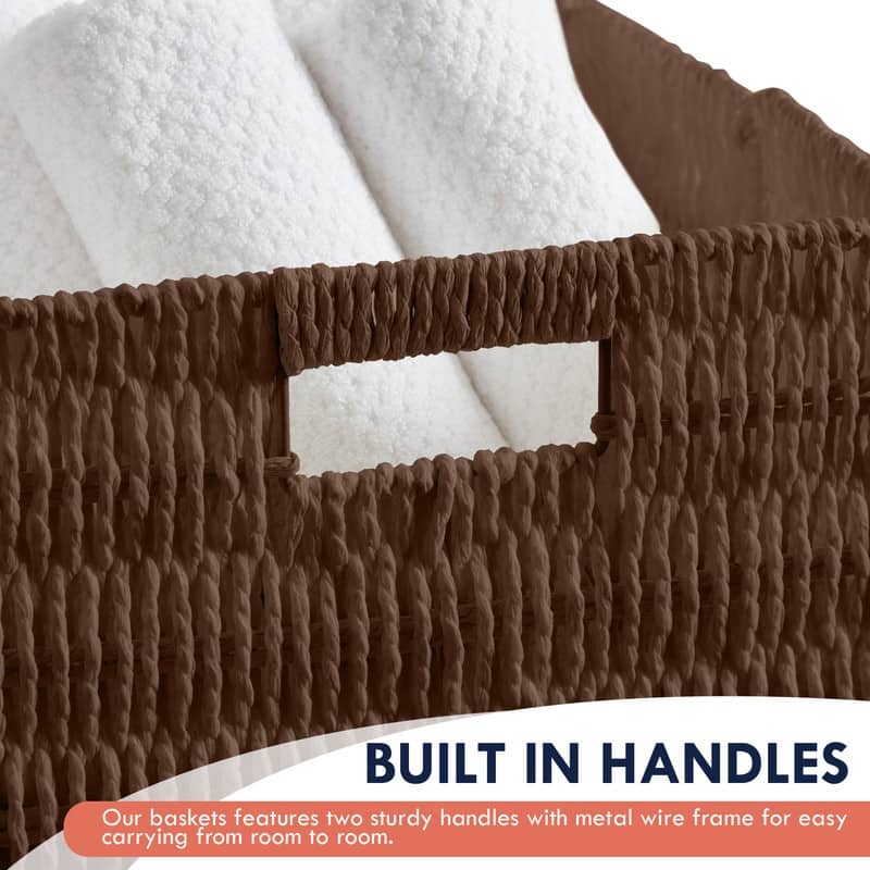 2 Pack Foldable Paper Wicker Shelf Storage Basket Cube Bin with Handles