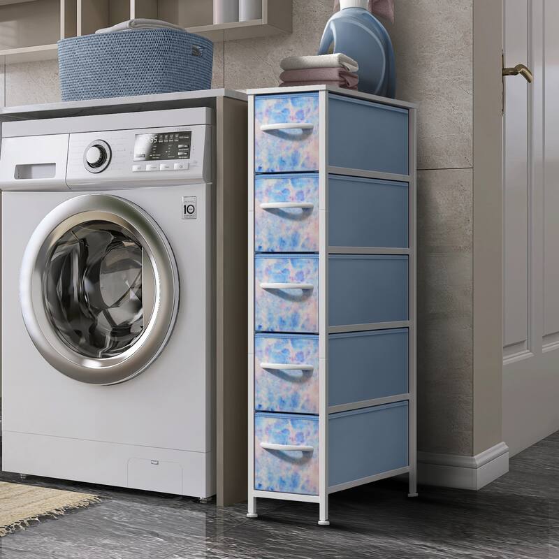 Sorbus Narrow Dresser with 5 Drawers - Vertical Slim Storage Chest of Drawers with Steel Frame, Wood Top & Easy Pull Fabric Bins