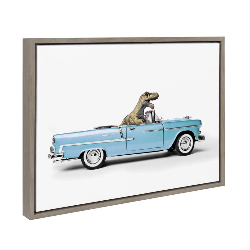 Kate and Laurel Sylvie Dino Driving 1958 Blue Corvette Framed Canvas by Saint and Sailor Studios - 18x24 - Grey
