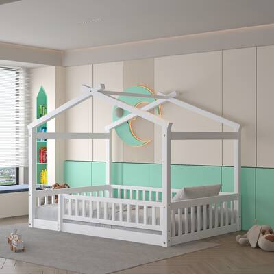 Wood Bed House Bed Frame with Fence