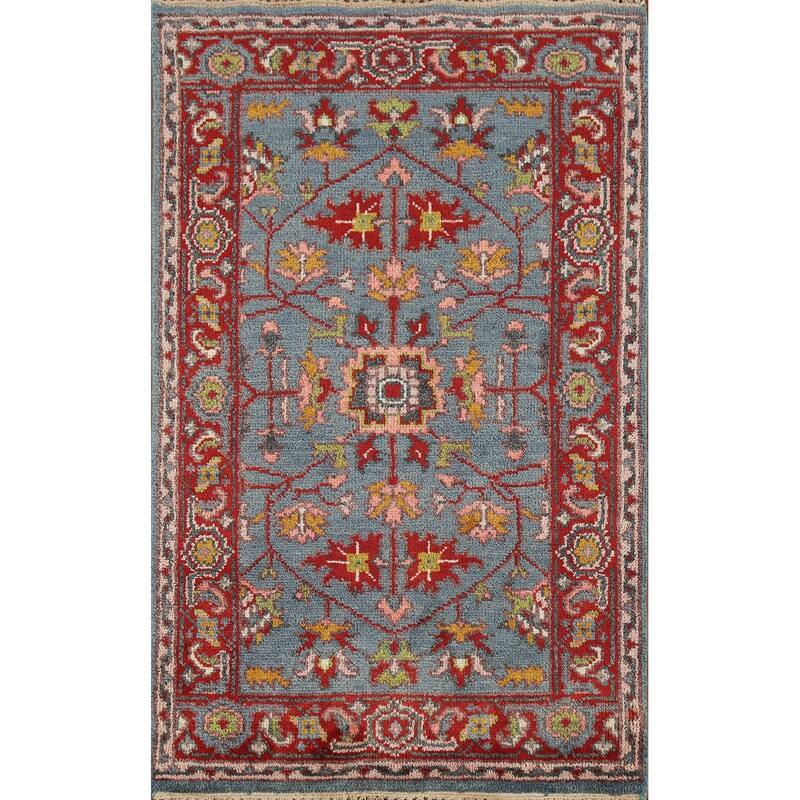 Blue Floral Oushak Indian Accent Rug Handmade Wool Carpet - 2'10"x 4'11"