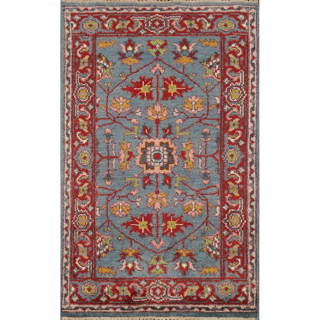 Blue Floral Oushak Indian Accent Rug Handmade Wool Carpet - 2'10"x 4'11"