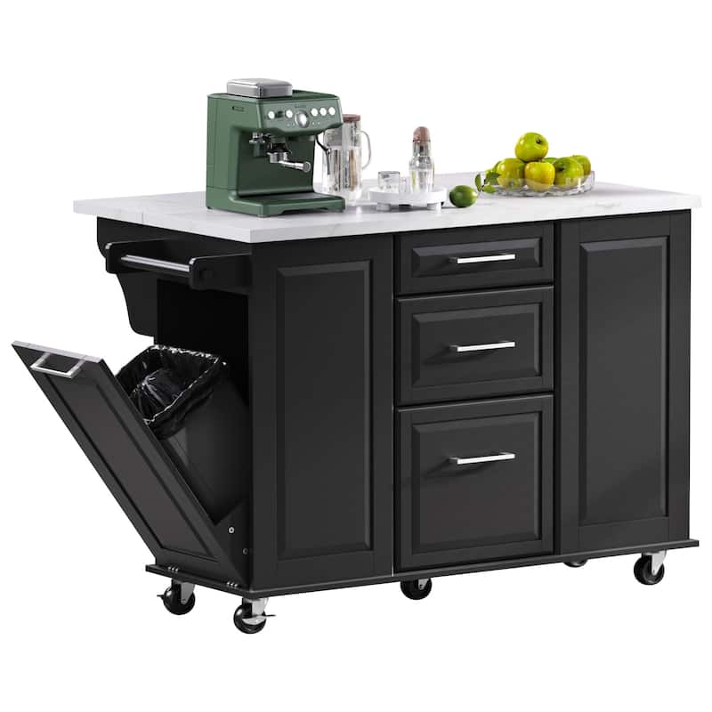 Vintage Rolling Kitchen Cart and Island with Drop Leaf, Tilt Trash Can Cabinet, 2 Drawers and 2-tier Pull-out Storage Organizer