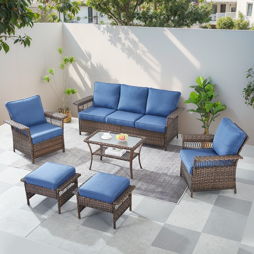 Gymojoy Outdoor 3-Seat Sofa, Club Chairs, Coffee Table and Ottomans