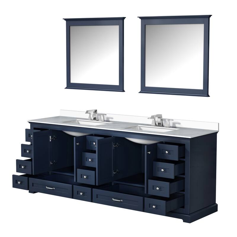 Dukes 84 in. W x 22 in. D Navy Blue Double Bath Vanity, White Quartz Top, Faucet Set, and 34 in. Mirrors