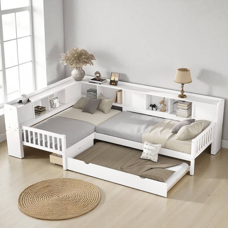 L-Shaped Twin Platform Bed with Trundle, Solid Wood Corner Bed Frame with Drawers and Shelves, No Box Spring Needed