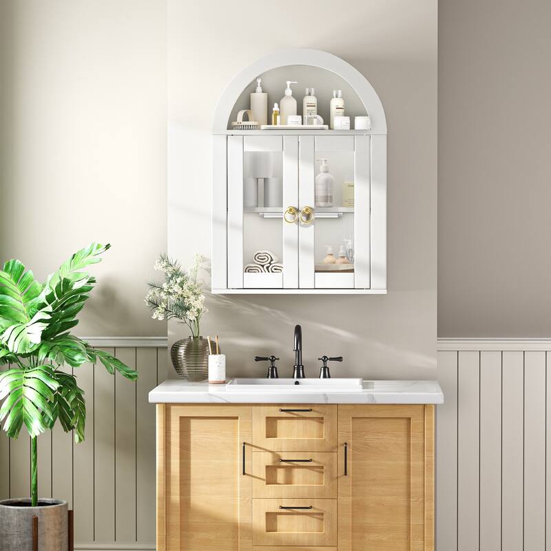 Wall Mounted Arched Cabinet with Glass Doors, Light and Adjustable Shelves for Laundry Room, Bathroom, Kitchen