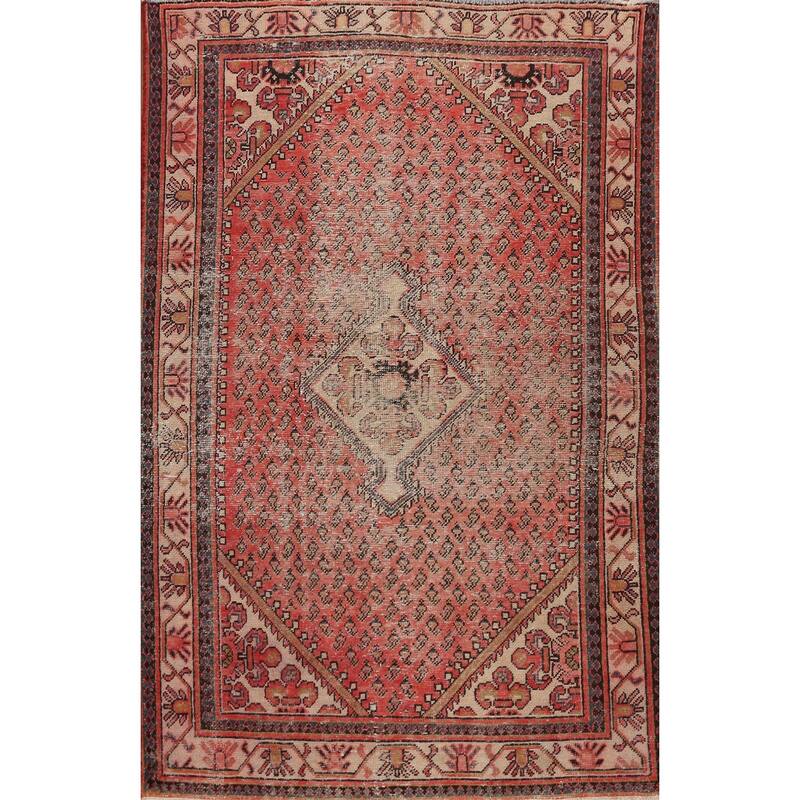 Hand Knotted Oriental 100% Wool Carpet Traditional Geometric Red Botemir Area Rug - 6' 7'' X 4' 2''