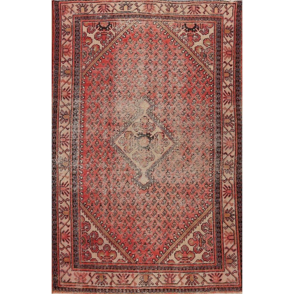 Hand Knotted Oriental 100% Wool Carpet Traditional Geometric Red Botemir Area Rug - 6' 7'' X 4' 2''