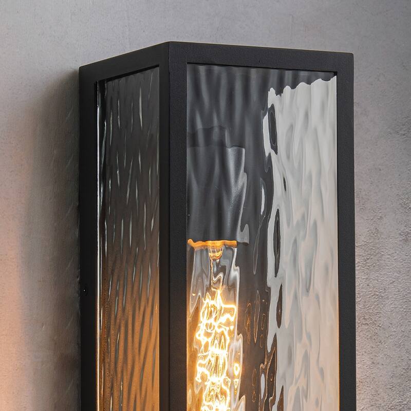 Crafthome H13" 1-Light Modern Black Outdoor Wall Sconce with Water Ripple Glass and Dusk to Dawn Sensor Open Bottom - W5"