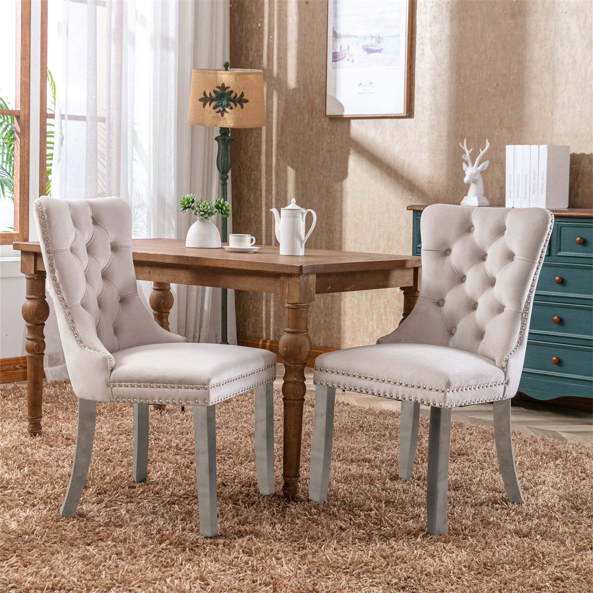 Tufted Velvet Dining Chair with Chrome Stainless Steel Legs Set