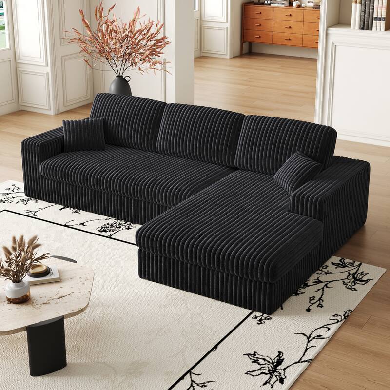 L-Shaped Sectional Sofa with Chaise Lounge, Corduroy Modular Foam Sofa, Upholstered Sofa with 2 Cushion & 2 Throw Pillows