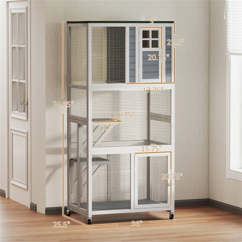 Fir Wood Steel Cat Cage with Wheels and Multi-Levels