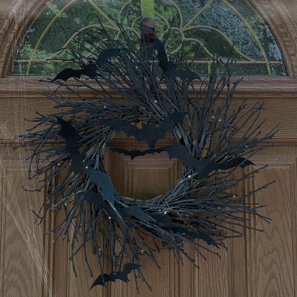 slide 2 of 11, Haunted Hill Farm 15-In. Black Twig Battery-Operated Wreath with LED Lights and Flying Bats for Halloween Door
