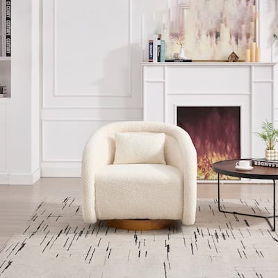 360° Swivel Upholstered Barrel Chair, Comfy Single Arm Reading Sofa, Leisure Club Chair with Cushion & Solid Wood Base