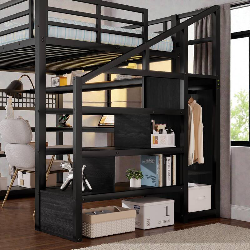 Full Size Metal Loft Bed with Staircase Storage, Wardrobe, L-Shaped Desk, Shelves, LED Lights and USB Charging Station