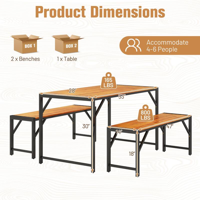 Gymax 3 PCS Patio Dining Set for 6 People 53'' Acacia Wood Picnic