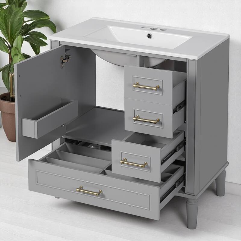 30" Bathroom Vanity with Sink, Freestanding Storage Cabinet with 3 Drawers, Soft-Close Door, Ceramic Basin,Bathroom Cabinet