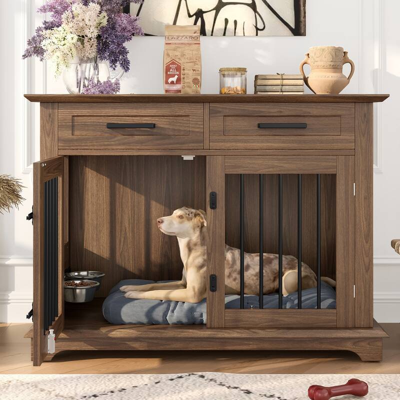 2 Doors Decorative Pet Cage Dog House with 2 Storage Drawers and Rotating Bowls, Wooden Large Dog Crate Furniture - Brown