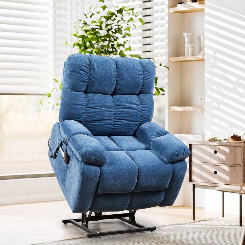 Blue Power Lift Recliner with Dual OKIN Motors, Massage, Lumbar Heating