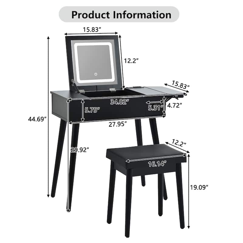27.9''Makeup Vanity Desk With Flip Top Mirror And Led Light,Dressing Table With Charging Station,2 Drawers,With Cushioned Stool