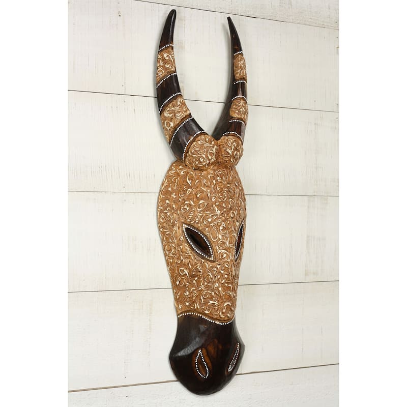 Wood Buffalo Wall Mask Hand Carved Tribal Art, Decorative Rustic Animal Wall Decor - 20" Tall x 5.5" Wide x 2.5" Deep
