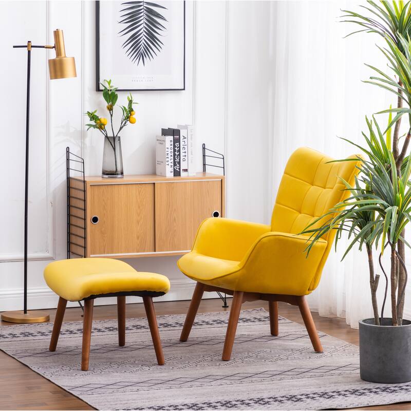 Leisure Chair Ottoman Set Office Chair, Stylish Velvet Upholstered Reception Chair Vanity Chair with Wooden Frame, Yellow