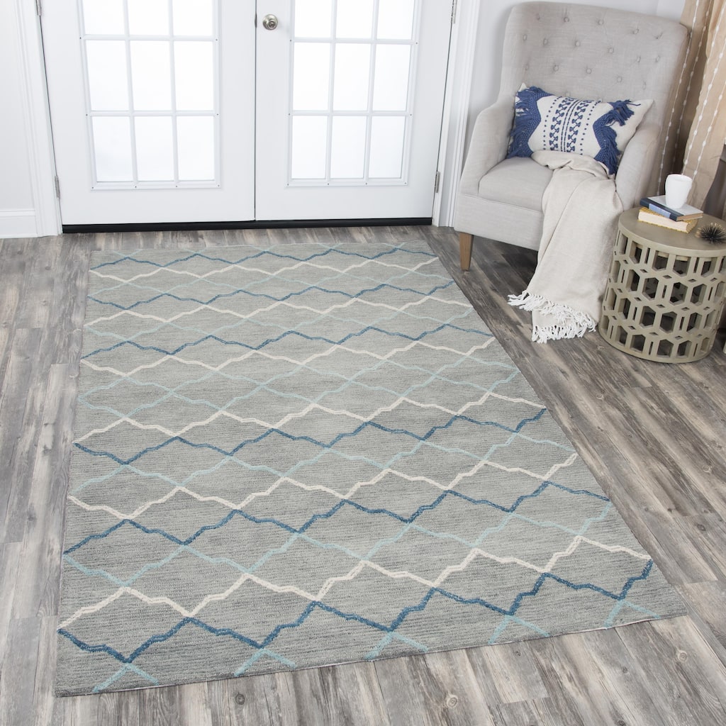 Alora Decor Cascade Blue, Grey, and Tan Medallion Hand-tufted Wool Rug