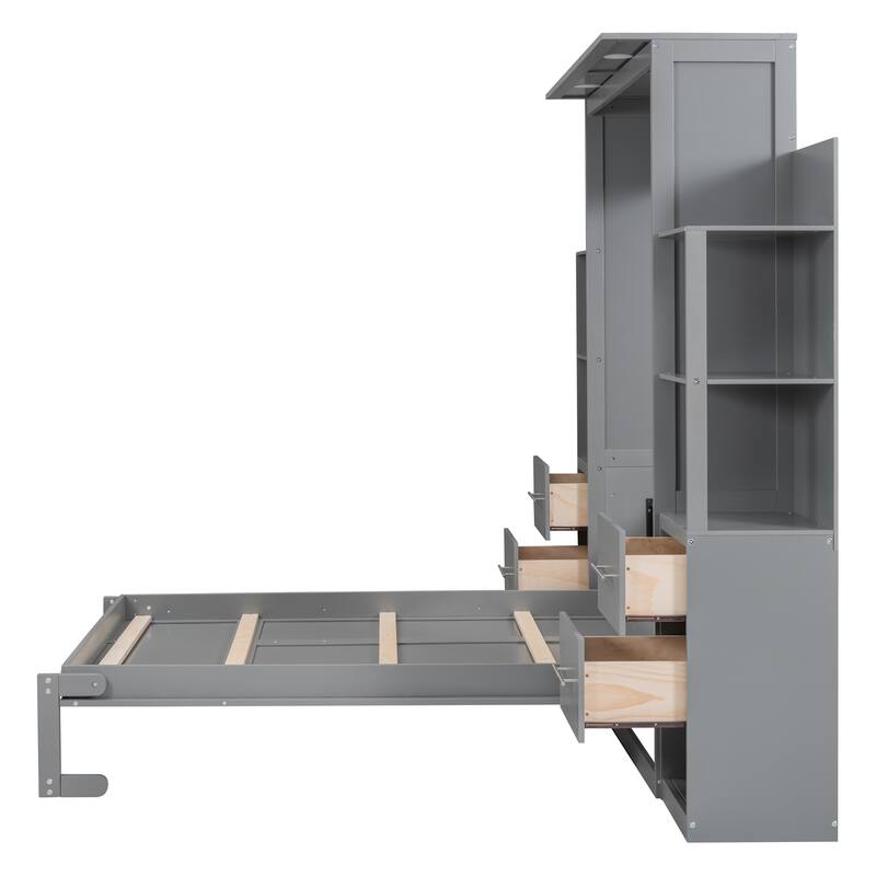 Full Size Murphy Bed Wall Bed with Shelves, Drawers and LED Lights,Gray