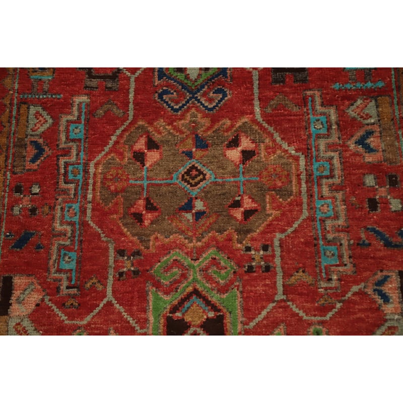 Hand Knotted Oriental 100% Wool Carpet Traditional Geometric Red Heriz Runner Rug - 10' 4'' X 3' 0''