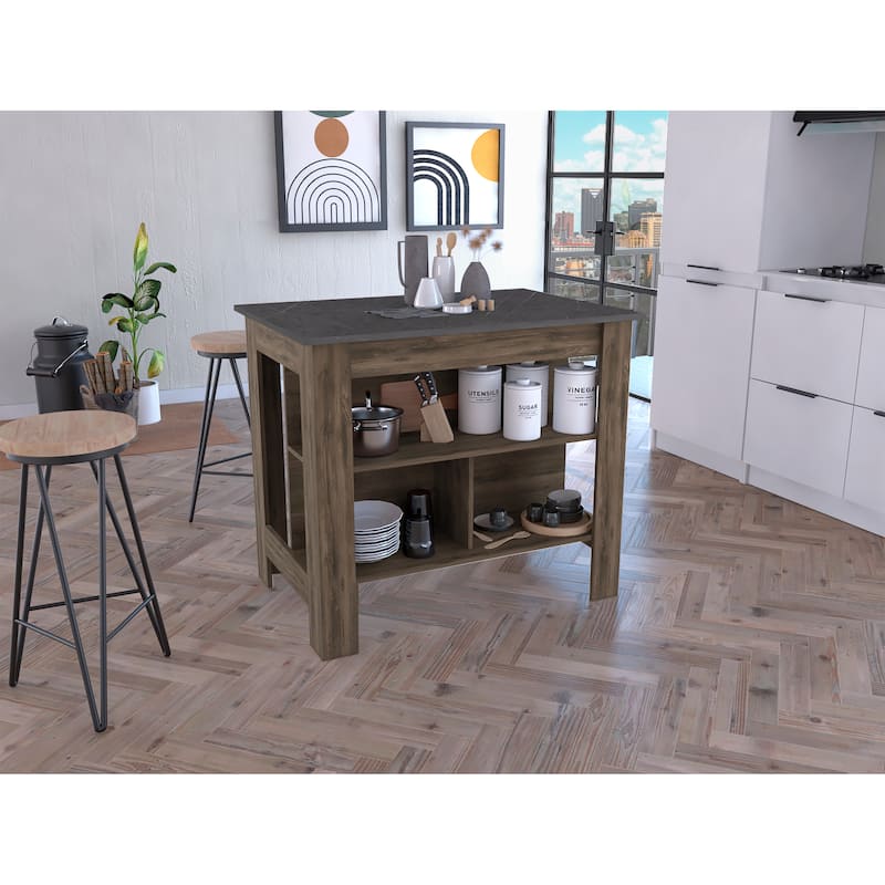 Cala Kitchen Island, Four Legs, Three Shelves -Dark Brown / Onyx