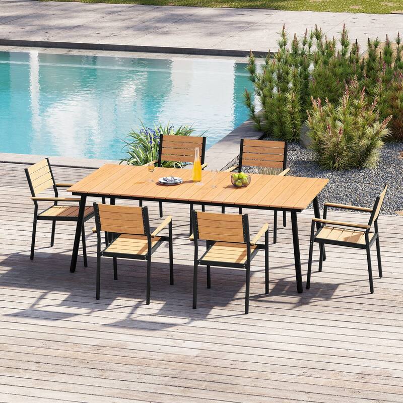 7-Piece Outdoor Patio Dining Set Aluminum Dining Table with Umbrella Hole and Stackable Armchairs - Brown