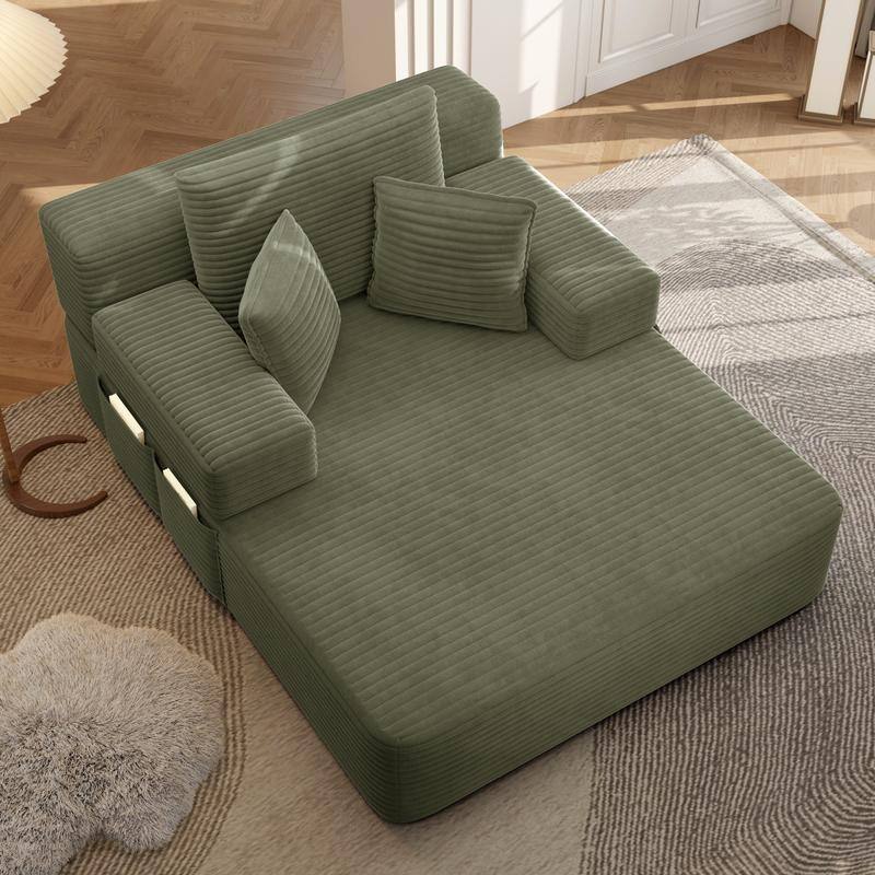 Luxurious Plush Corduroy Chaise Lounge Convertible Sofa Bed with Storage Pocket and Wide Armrests