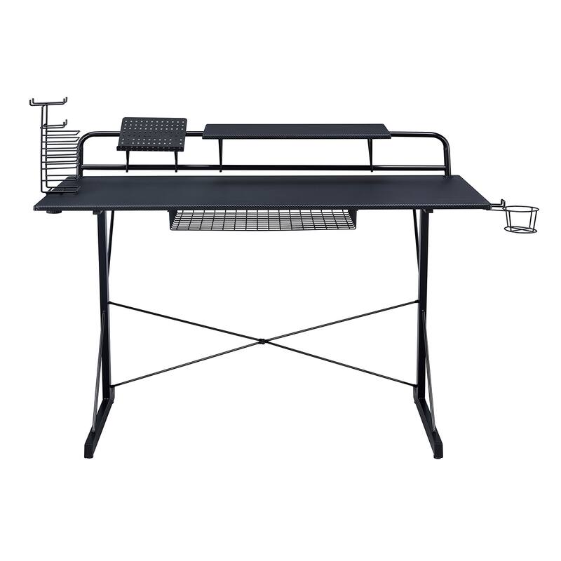 High-Tech Gaming Desk with Carbon Fiber Top, Headphone Holder, Dual Monitor Stands, and Media Storage