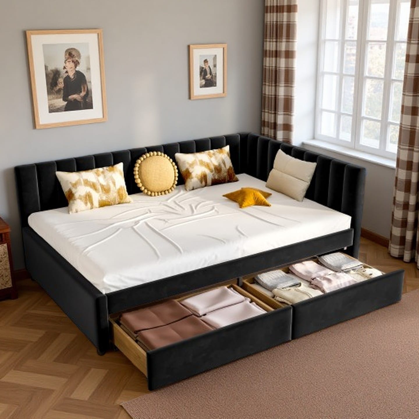 Full Size Corner Daybed with Storage Drawers, Upholstered Velvet L-Shaped Bed Frame