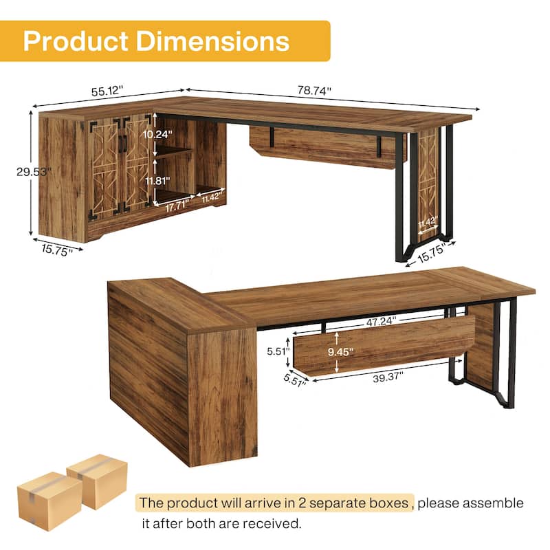 78" L-Shaped Executive Desk, Large Office Desk with Double-Door Storage Cabinet