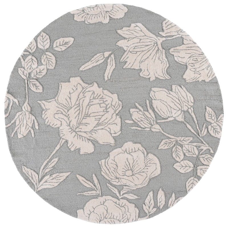 SAFAVIEH Handmade Glamour Arsenia Floral Wool Rug - 6' Round - Light Grey/Ivory
