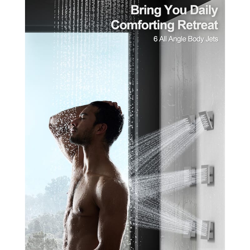 GRANDJOY LUXURY Shower Faucet Set 28"*16" Ceiling Mount Shower Head Body Jets Handheld Spray with Slide Bar LED Music