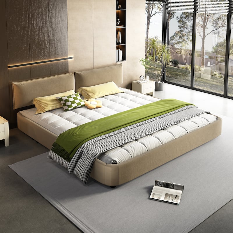 King Size Cloud Bed Frame with Oversized Padded Movable Headboard, Chenille Upholstered Bed with Round Corner - Camel